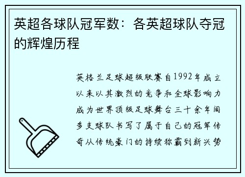 英超各球队冠军数：各英超球队夺冠的辉煌历程